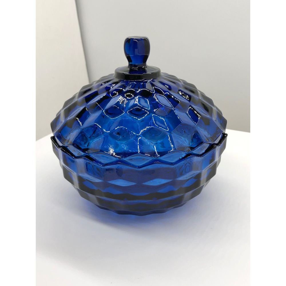 Vintage Cobalt Blue Indian Glass Diamond Point Candy Dish Lid Honeycomb Pattern